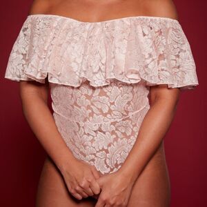 🆕 Size 10 Pink Ruffle Off The Shoulder Sheer Lace One Piece Balletcore Bodysuit